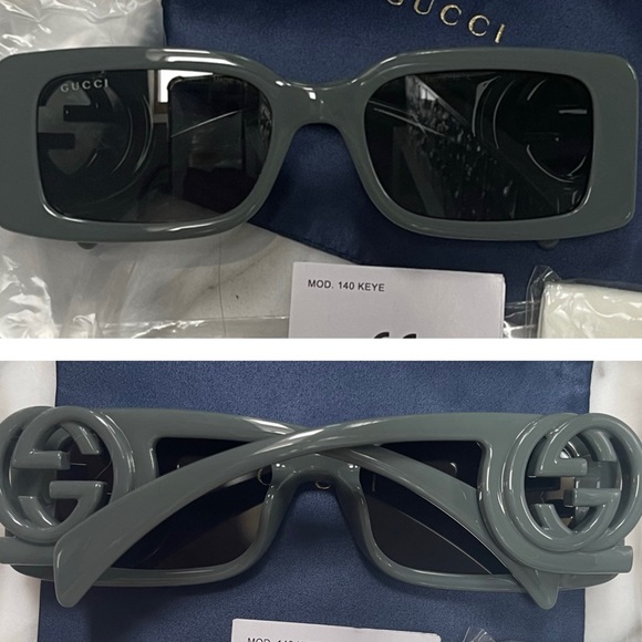 GUCCI 2023 RECTANGLE IN A SMOKE GREEN COLOR WITH MAXI BOLD “GG” LOGO SUNGLASSES - Picture 11 of 16